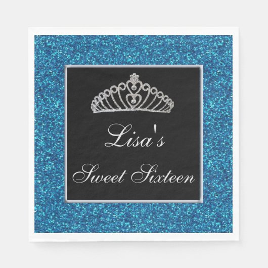 Elegant Chic Blue Glitzer Tiara Sweet 16 Serviette (Vorderseite)