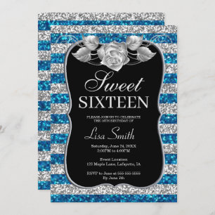 Elegant Chic Blue Silver Glitzer Rose Sweet 16 Einladung