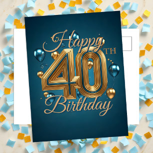 Elegant Chic Blue und Gold Balloons 40. Geburtstag Postkarte