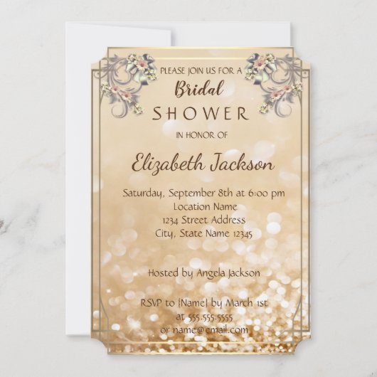Elegant Chic Blume Glittery Bokeh Brautparty Einladung (Vorderseite)