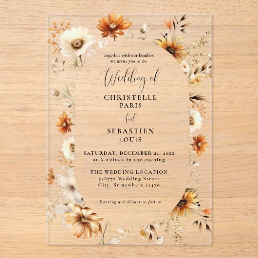 Elegant & Chic Boho Fall Wildblume Hochzeit Acryleinladungen (Vorderseite)