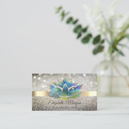 Elegant Chic Bokeh Gold, Blue Lotus Yoga Visitenkarte (Stehend Vorderseite)