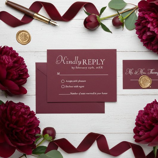 Elegant & Chic Burgundy & Ivory wedding RSVP Card Karte