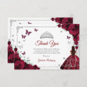 Elegant Chic Burgundy Roses Silver Quinceanera Dankeskarte (Vorne/Hinten)