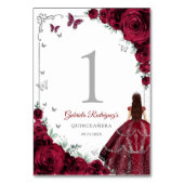 Elegant Chic Burgundy Roses Silver Quinceanera Tischnummer (Rückseite)