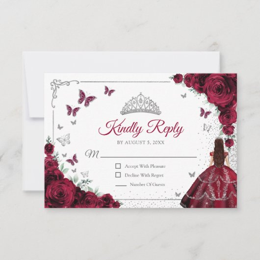 Elegant Chic Burgundy Silver Quinceanera Reply RSVP Karte (Vorderseite)