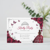 Elegant Chic Burgundy Silver Quinceanera Reply RSVP Karte (Stehend Vorderseite)