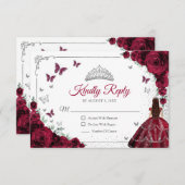Elegant Chic Burgundy Silver Quinceanera Reply RSVP Karte (Vorne/Hinten)