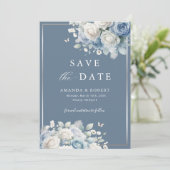 Elegant Chic Dusty Blue Boho Floral Save the Date (Stehend Vorderseite)