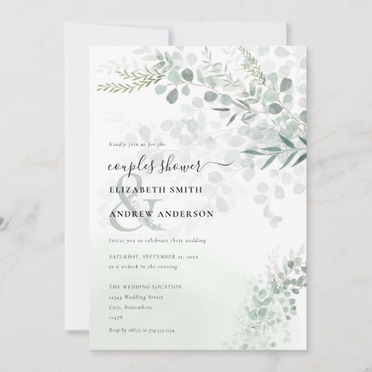Elegant Chic Eucalyptus Couple Dusche Einladung (Vorderseite)
