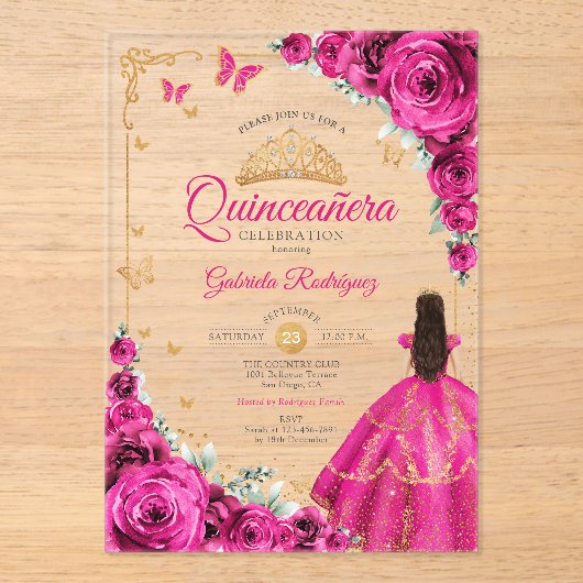 Elegant Chic Fuchsia Pink Roses Gold Quinceanera  Acryleinladungen (Vorderseite)