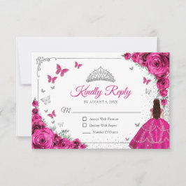 Elegant Chic Fuchsia Pink Silver Quinceanera Reply RSVP Karte