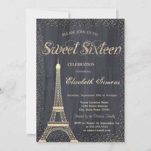 Elegant Chic Gold Eiffel Tower Confetti Sweet 16 Einladung (Vorderseite)
