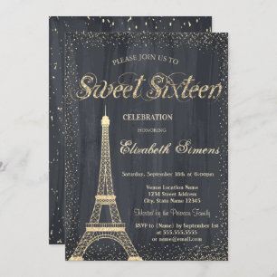 Elegant Chic Gold Eiffel Tower Confetti Sweet 16 Einladung