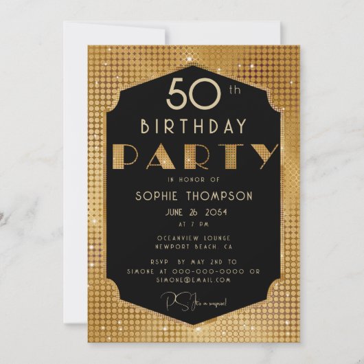Elegant Chic Gold Glitter Black Birthday Party Einladung (Vorderseite)