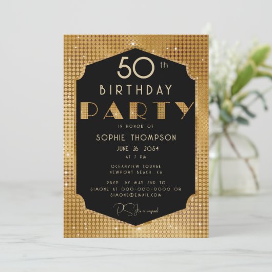 Elegant Chic Gold Glitter Black Birthday Party Einladung (Stehend Vorderseite)