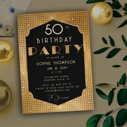 Elegant Chic Gold Glitter Black Birthday Party Einladung