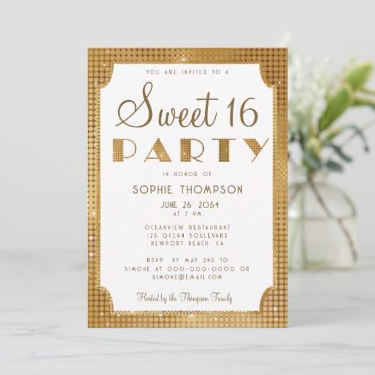 Elegant Chic Gold Glitzer Sequins Sweet 16 Party Einladung (Stehend Vorderseite)