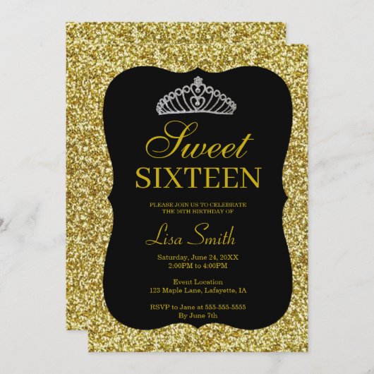 Elegant Chic Gold Glitzer Tiara Sweet 16 Einladung (Vorne/Hinten)