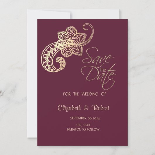 Elegant Chic Gold Paisley Stars Rett Save The Date (Vorderseite)