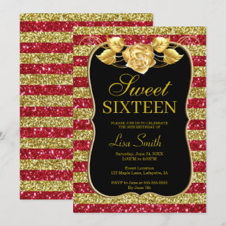 Elegant Chic Gold Red Glitzer Rose Sweet 16 Einladung