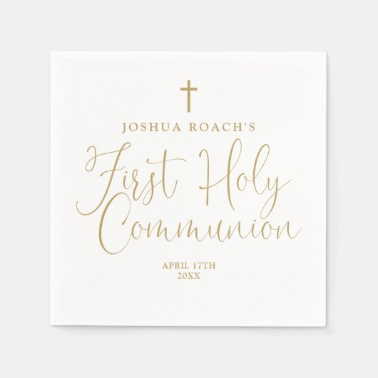 Elegant Chic Gold Script Erste Heilige Kommune Serviette (Vorderseite)