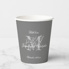 Elegant Chic Gray Wedding Monogram + Name Pappbecher