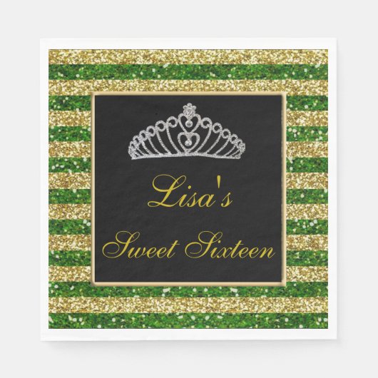 Elegant Chic Green Gold Glitzer Tiara Sweet 16 Serviette (Vorderseite)