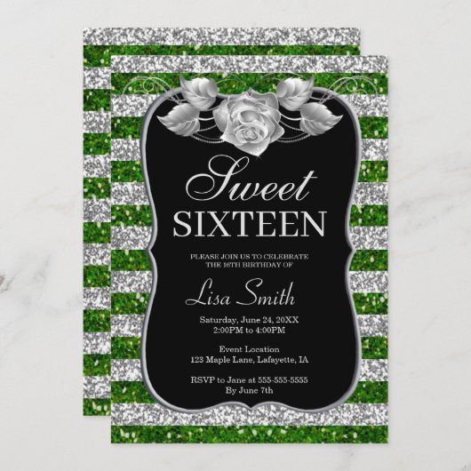 Elegant Chic Green Silver Glitzer Rose Sweet 16 Einladung (Vorne/Hinten)