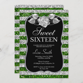 Elegant Chic Green Silver Glitzer Rose Sweet 16 Einladung