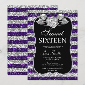 Elegant Chic Lila Silver Glitzer Rose Sweet 16 Einladung