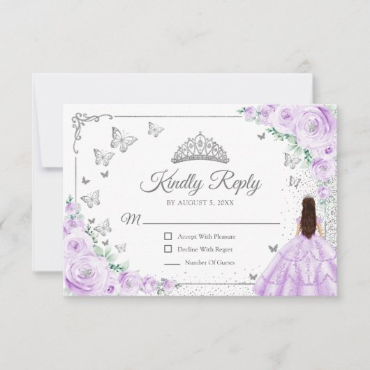 Elegant Chic Lilac Purple Silver Quinceanera Reply RSVP Karte (Vorderseite)