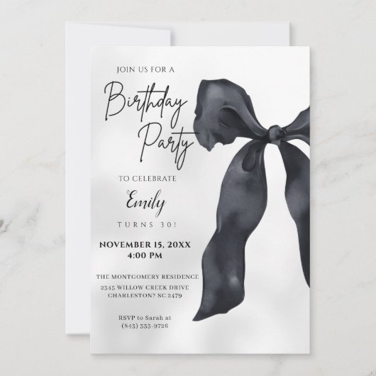 Elegant Chic Modern Black Bow Birthday Invitation Einladung (Vorderseite)