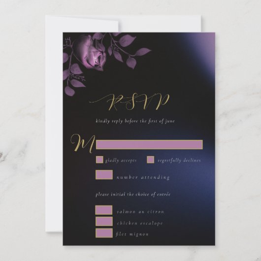 Elegant Chic Moody Dark Lila Floral Wedding RSVP Einladung (Vorderseite)
