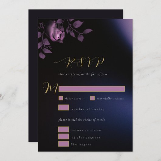 Elegant Chic Moody Dark Lila Floral Wedding RSVP Einladung (Vorne/Hinten)
