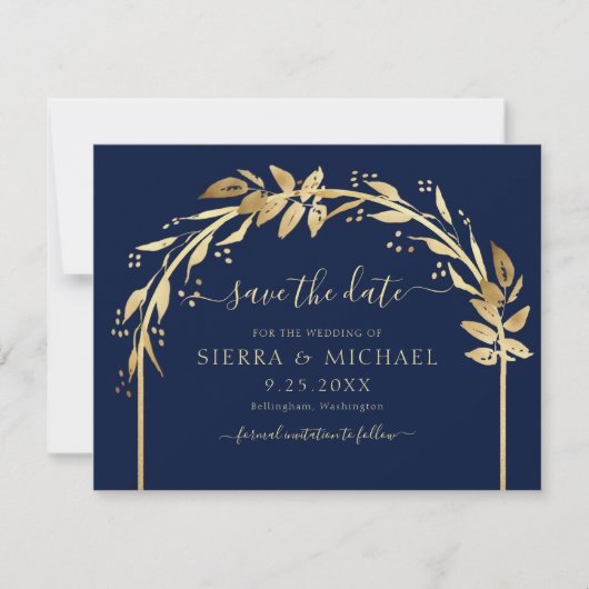 Elegant Chic Navy Blue Gold Foliage Arch Wedding Save The Date (Vorderseite)