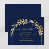 Elegant Chic Navy Blue Gold Foliage Arch Wedding Save The Date (Vorne/Hinten)