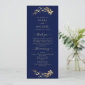 Elegant Chic Navy Blue Gold Foliage Hochzeit Programm (Stehend Vorderseite)