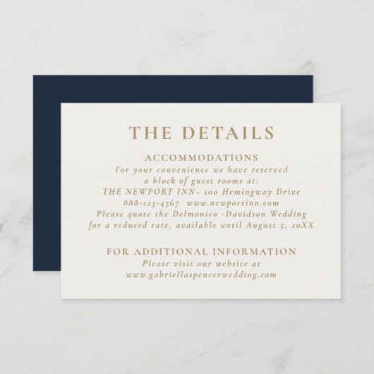Elegant Chic Navy Blue Gold Hochzeiten Details Begleitkarte (Vorne/Hinten)