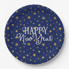 Elegant Chic Navy Blue & Gold Stars Frohes Neues J Pappteller