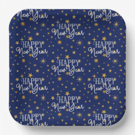 Elegant Chic Navy Blue & Gold Stars Frohes Neues J Pappteller