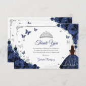 Elegant Chic Navy Blue Roses Silver Quinceanera Dankeskarte (Vorne/Hinten)