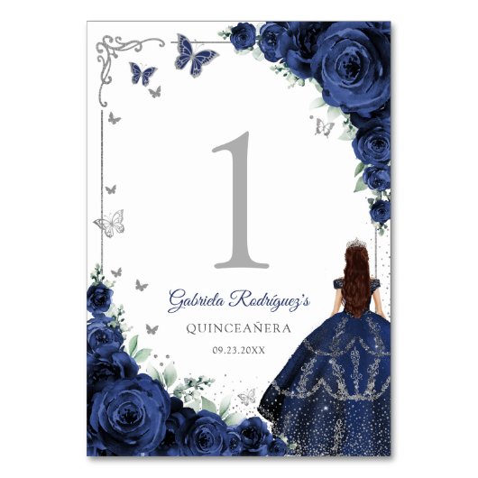 Elegant Chic Navy Blue Roses Silver Quinceanera Tischnummer (Vorderseite)
