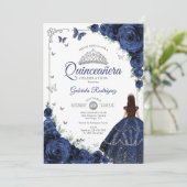 Elegant Chic Navy Blue Silver Floral Quinceanera Einladung (Stehend Vorderseite)