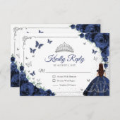Elegant Chic Navy Blue Silver Quinceanera Reply RSVP Karte (Vorne/Hinten)