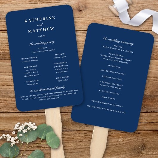 Elegant Chic Navy Blue Wedding Zeremony Program Fächer