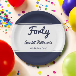 Elegant Chic Navy Blue White Modern 40. Geburtstag Pappteller