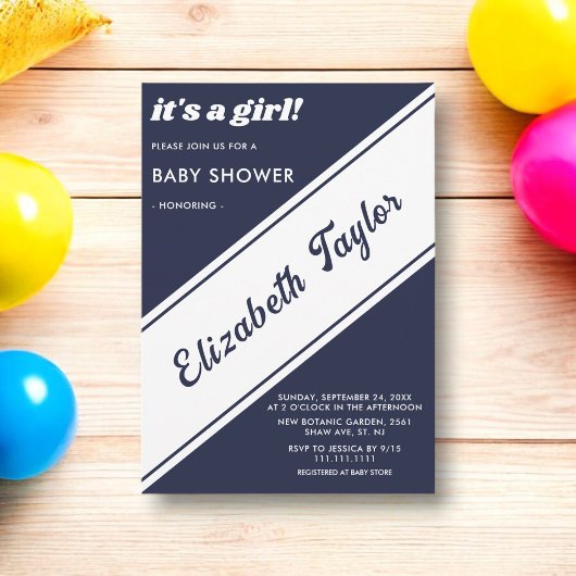 Elegant Chic Navy Blue White Modern Baby Shower Einladung