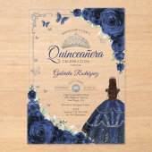 Elegant Chic Navy Roses Silver Quinceanera  Acryleinladungen (Vorderseite)