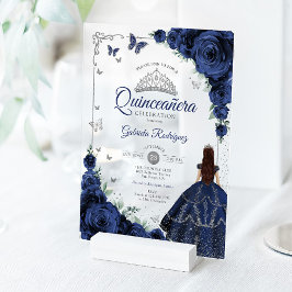 Elegant Chic Navy Roses Silver Quinceanera  Acryleinladungen